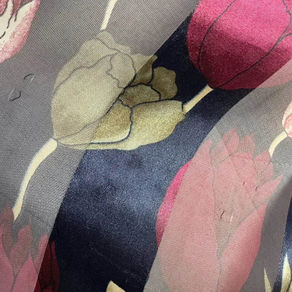 Floral Scarf Tulips Semi-Sheer Stripes Blue Maroon Long‎ Maximalist Artsy Whimsy